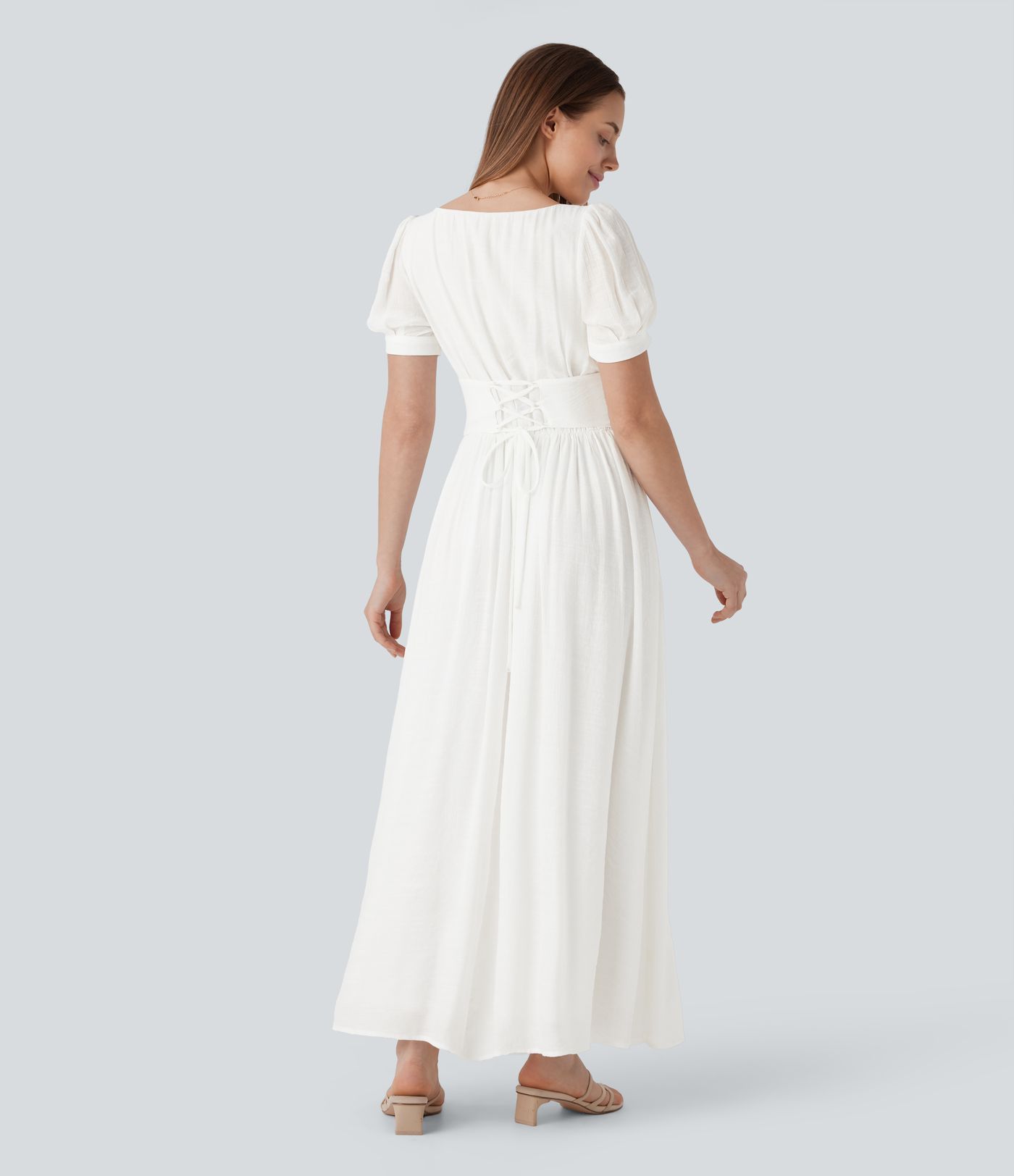 Square Neck Puff Sleeve Lace Up Cinched Waist Flowy Maxi Dress