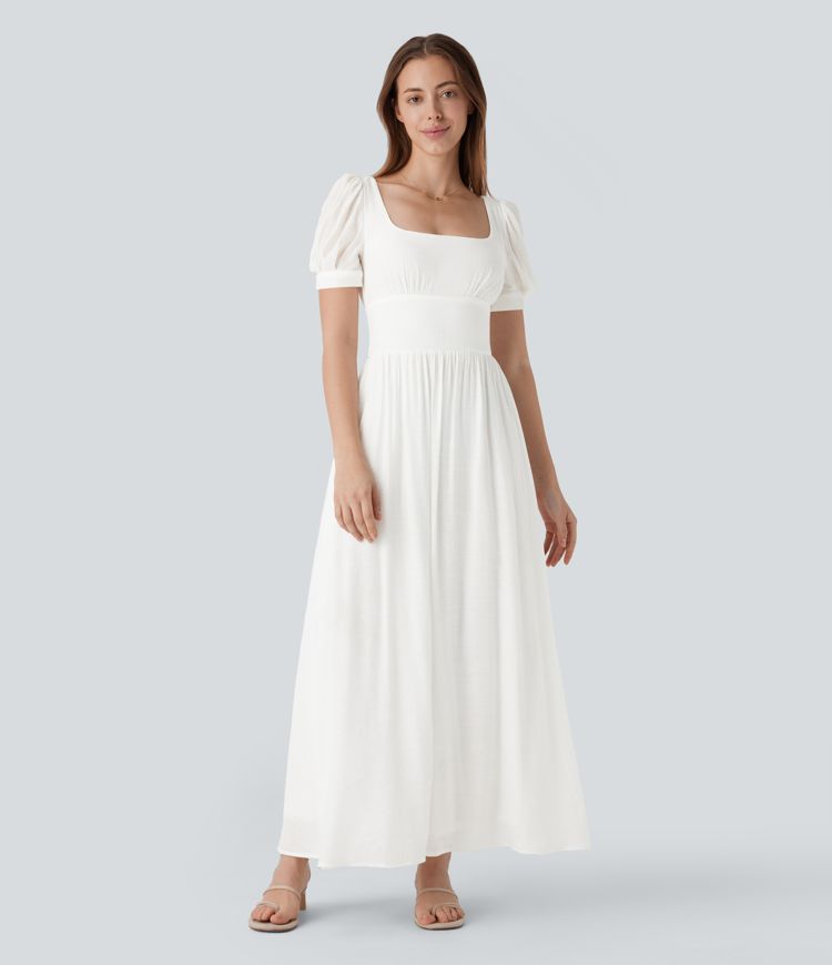 Robe longue de villégiature fluide à col carré, manches bouffantes, laçage et taille cintrée