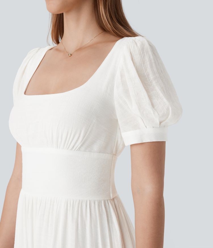 Square Neck Puff Sleeve Lace Up Cinched Waist Flowy Maxi Dress