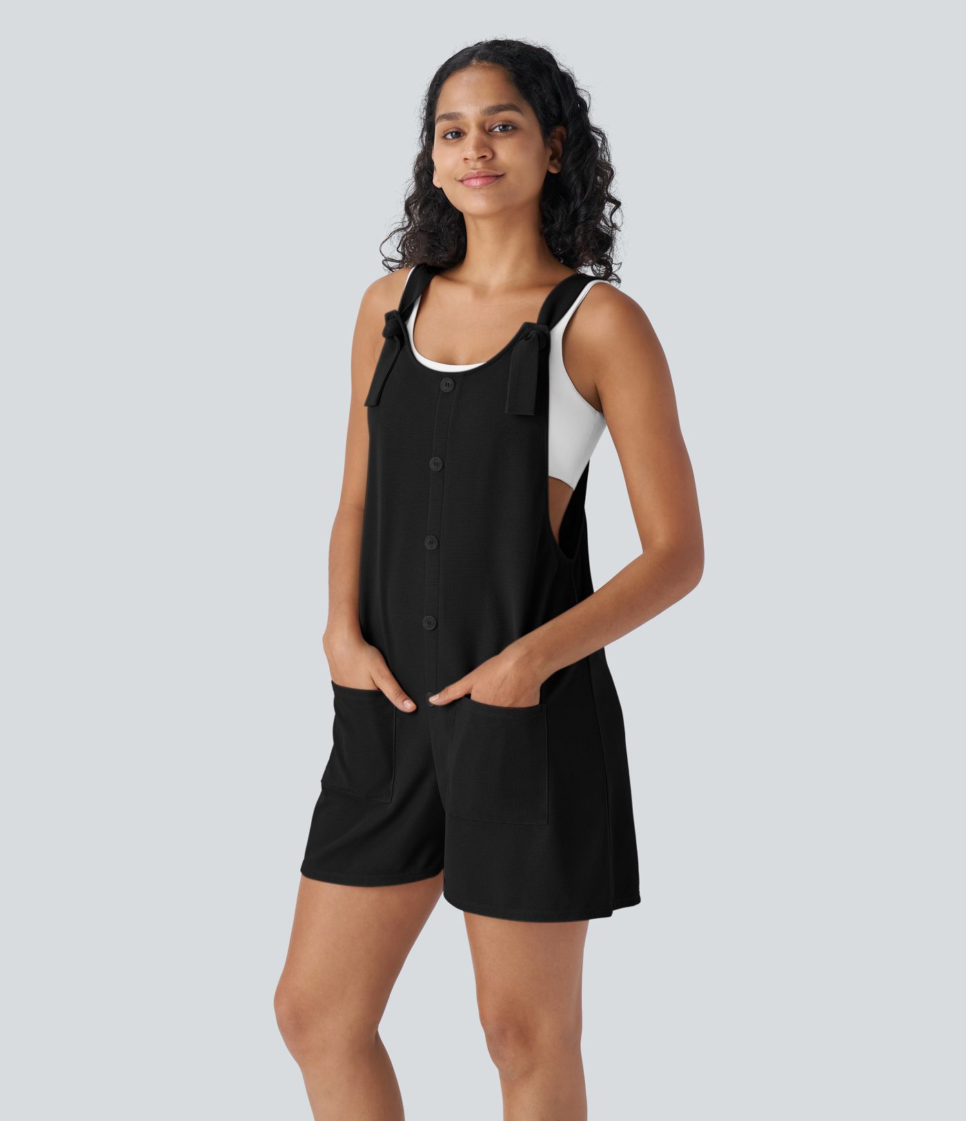 ノットストラップ 装飾ボタン フロントポケット ワッフル リゾート オーバーオール