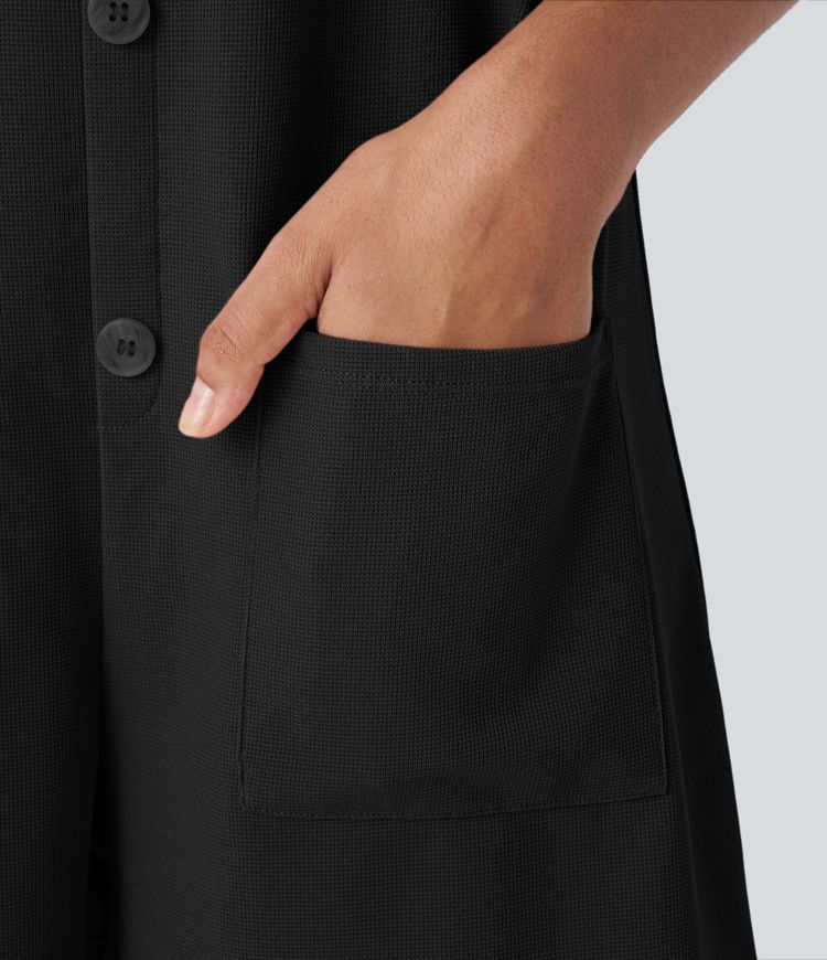 Knot Strap Decorative Pockets Waffle Overalls