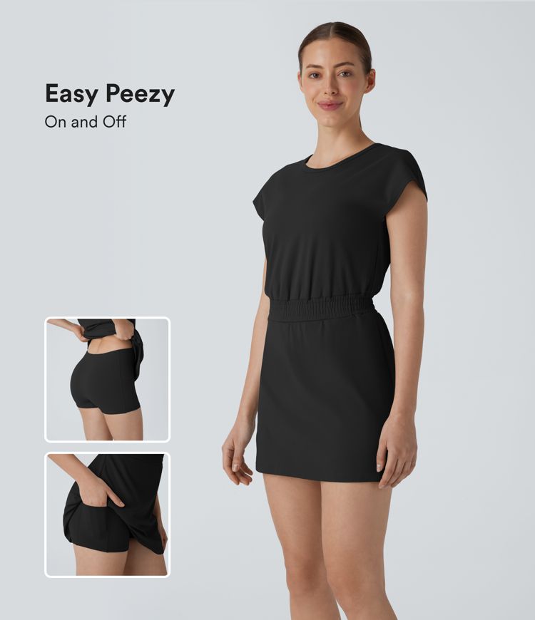 Round Neck Short Sleeve 2-in-1 Side Pocket Split Mini Yoga Active Dress-Easy Peezy Edition