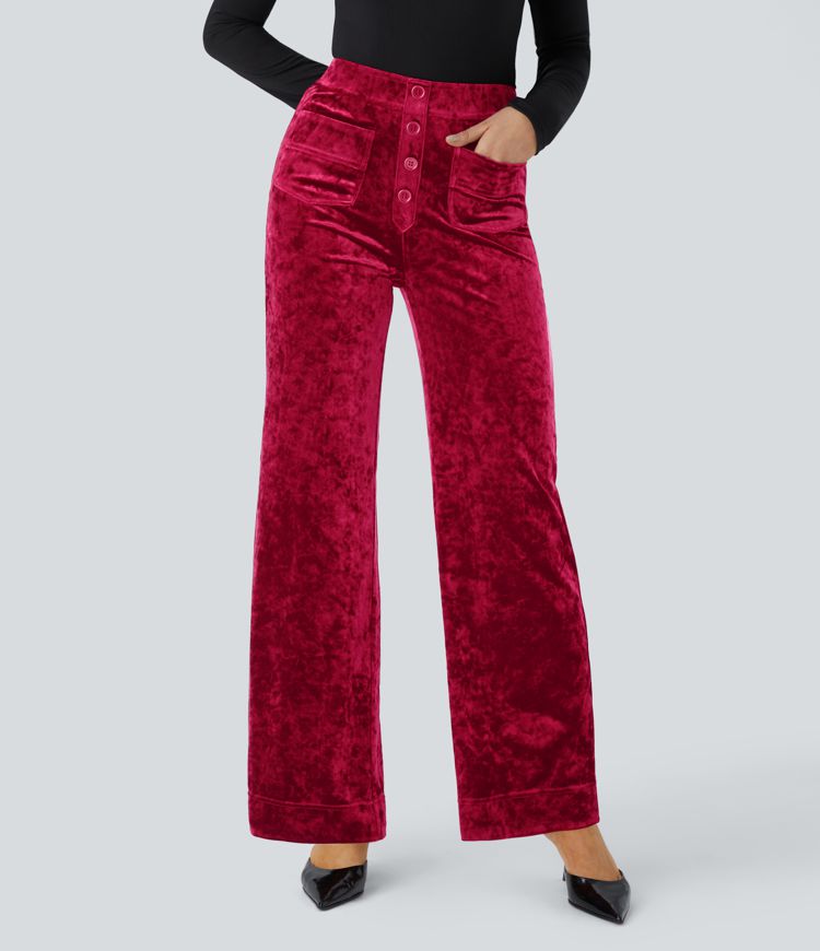 Pantalon en velours taille haute, coupe slim, avec poches et style décontracté