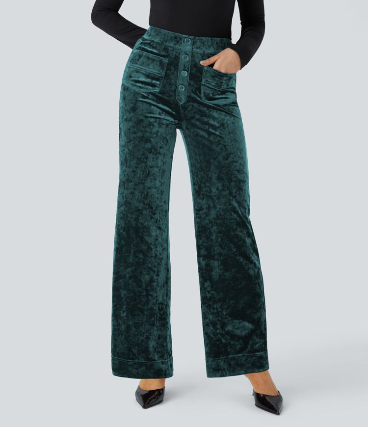 High Waisted Button Multiple Pockets Straight Leg Velvet Casual Trousers