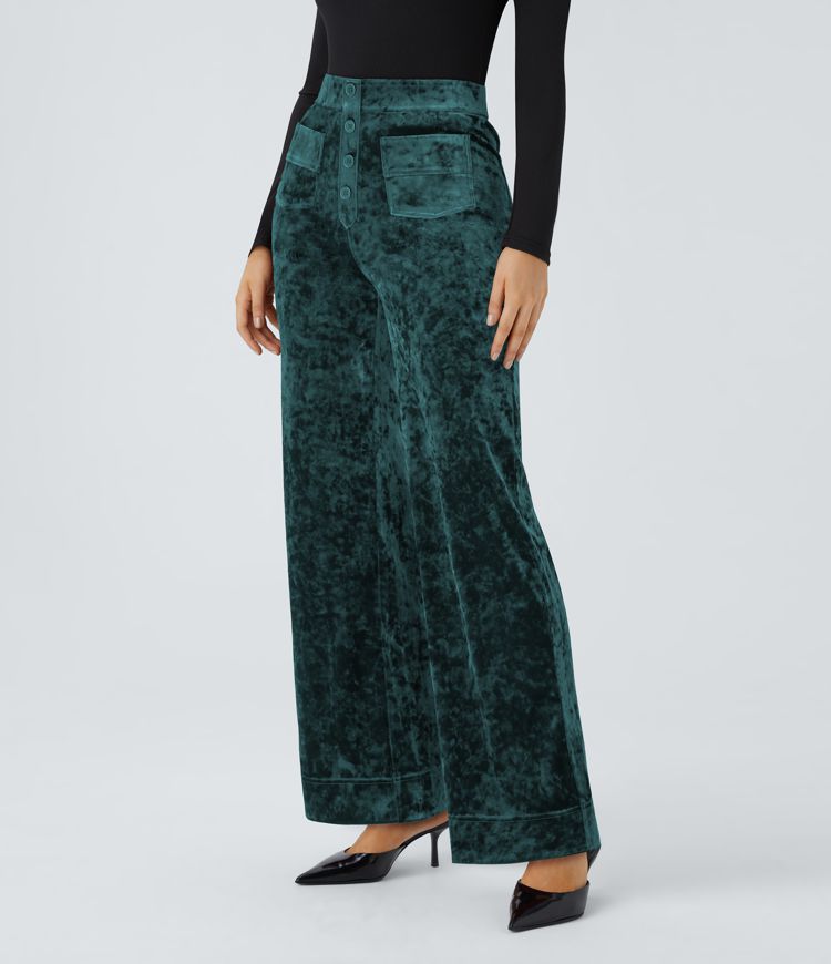 High Waisted Button Multiple Pockets Straight Leg Velvet Casual Trousers