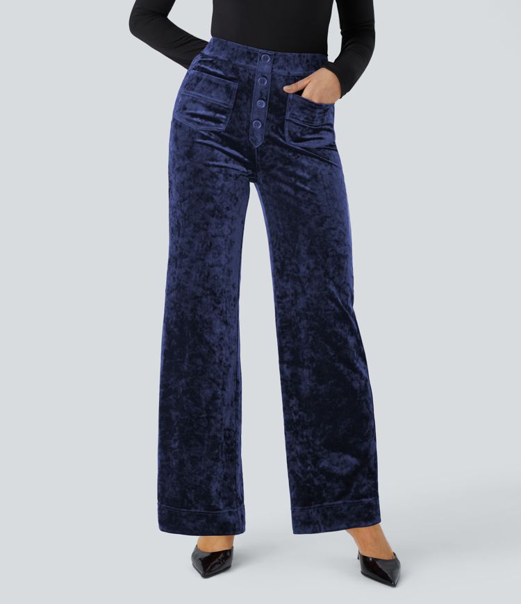 High Waisted Button Multiple Pockets Straight Leg Velvet Casual Trousers