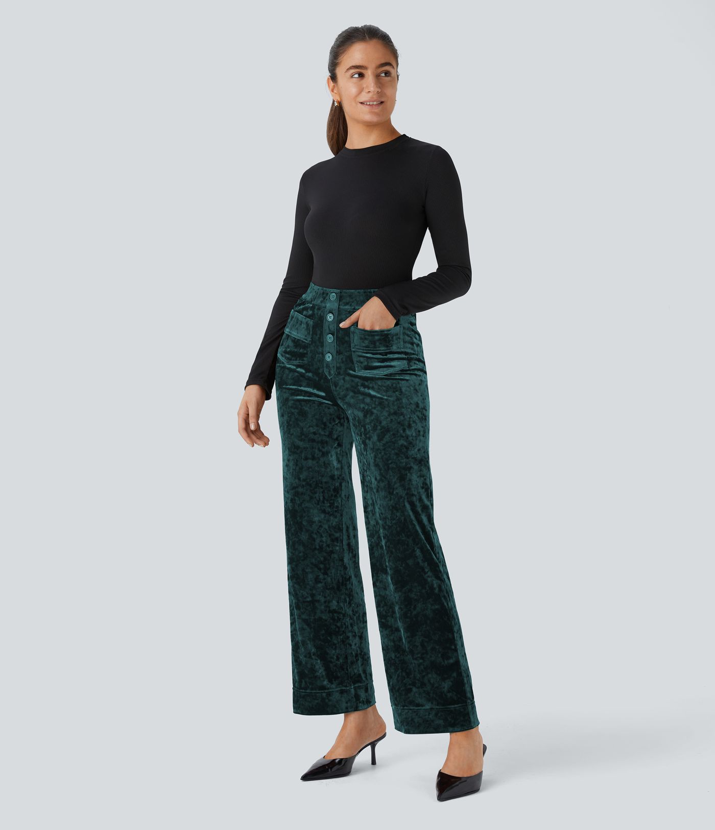 High Waisted Button Multiple Pockets Straight Leg Velvet Casual Trousers