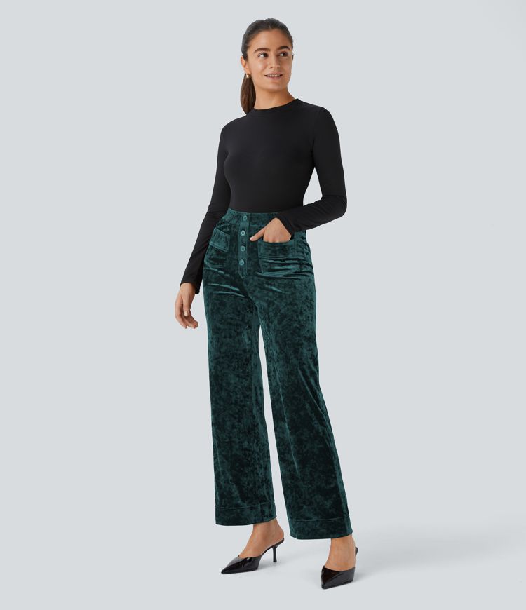 High Waisted Button Multiple Pockets Straight Leg Velvet Casual Trousers