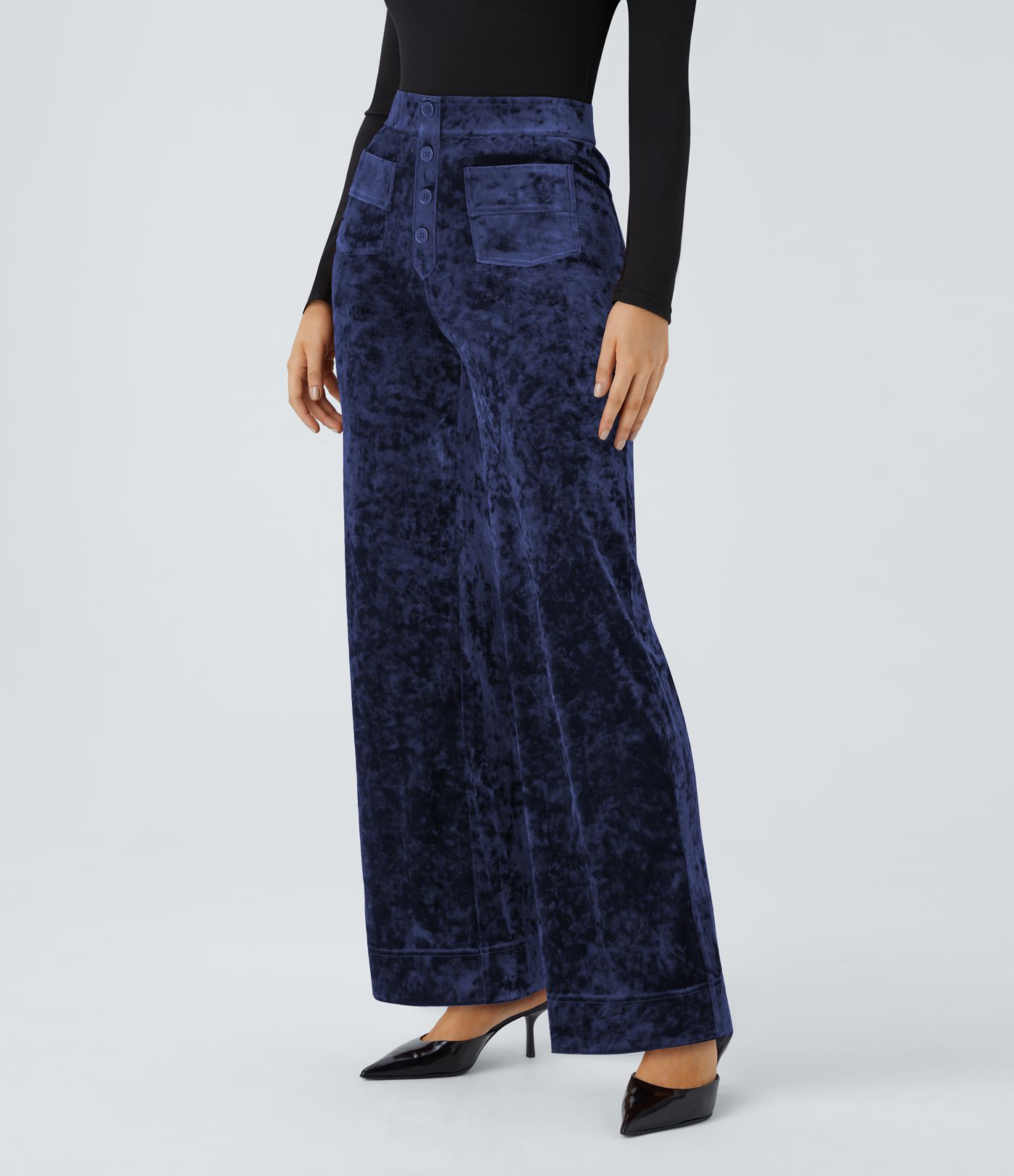 High Waisted Button Multiple Pockets Straight Leg Velvet Casual Trousers