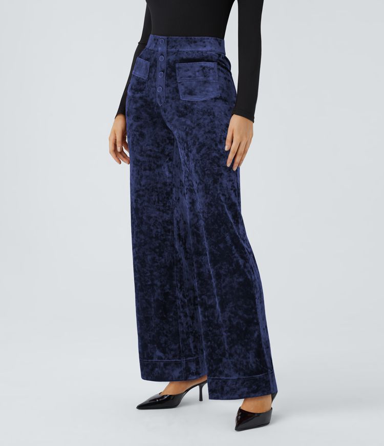 High Waisted Button Multiple Pockets Straight Leg Velvet Casual Trousers