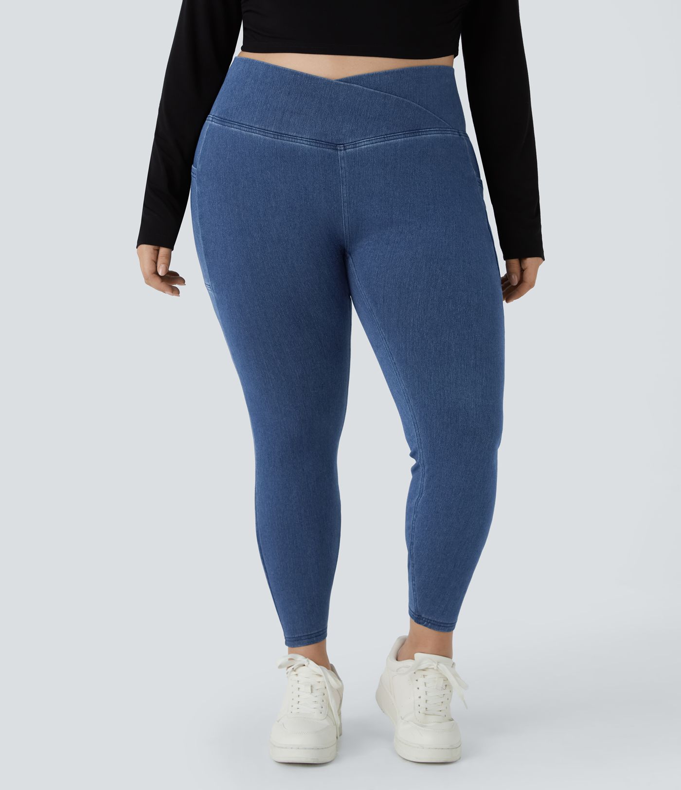 Halara Flex™ Legging Travail Denim Tricoté Extensible Lavé Poche Latérale Croisée Grande Taille