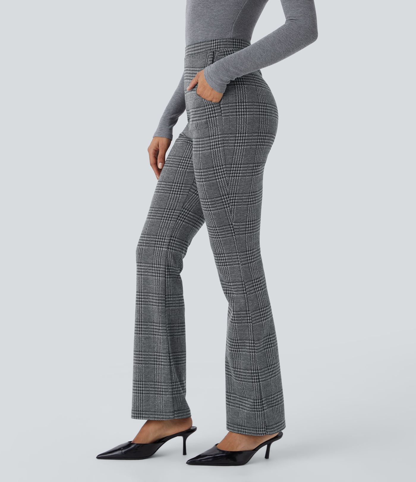 Halara Flex™ Pantalon de ville légèrement évasé à très haute taille motif pied-de-poule avec poches latérales