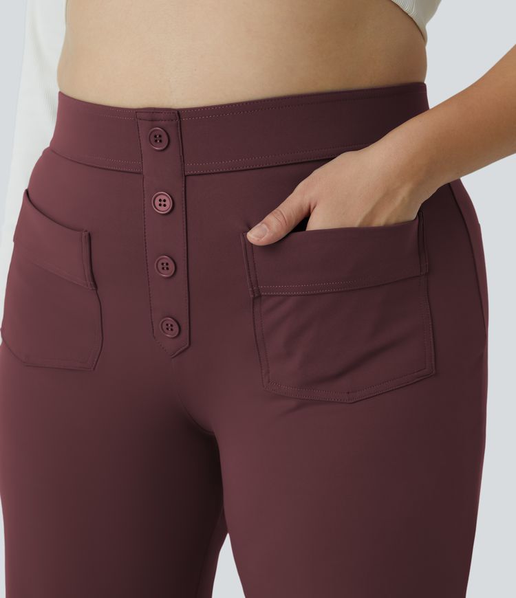 Pantalón tiro alto botón múltiple bolsillo pierna recta talla grande