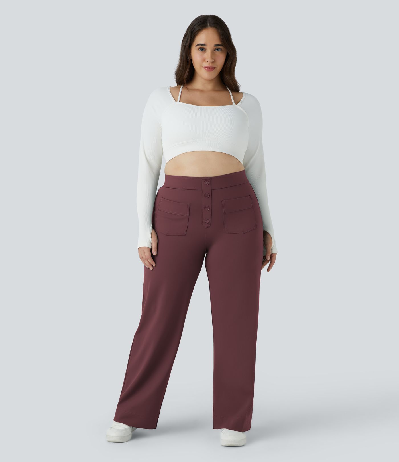 Pantalón tiro alto botón múltiple bolsillo pierna recta talla grande