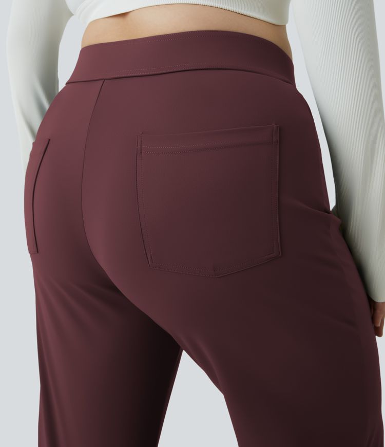 Pantalón tiro alto botón múltiple bolsillo pierna recta talla grande