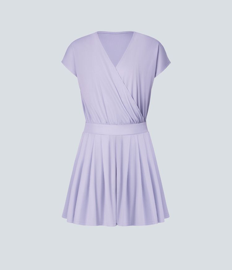 V Neck Short Sleeve Pocket Waffle Casual Romper