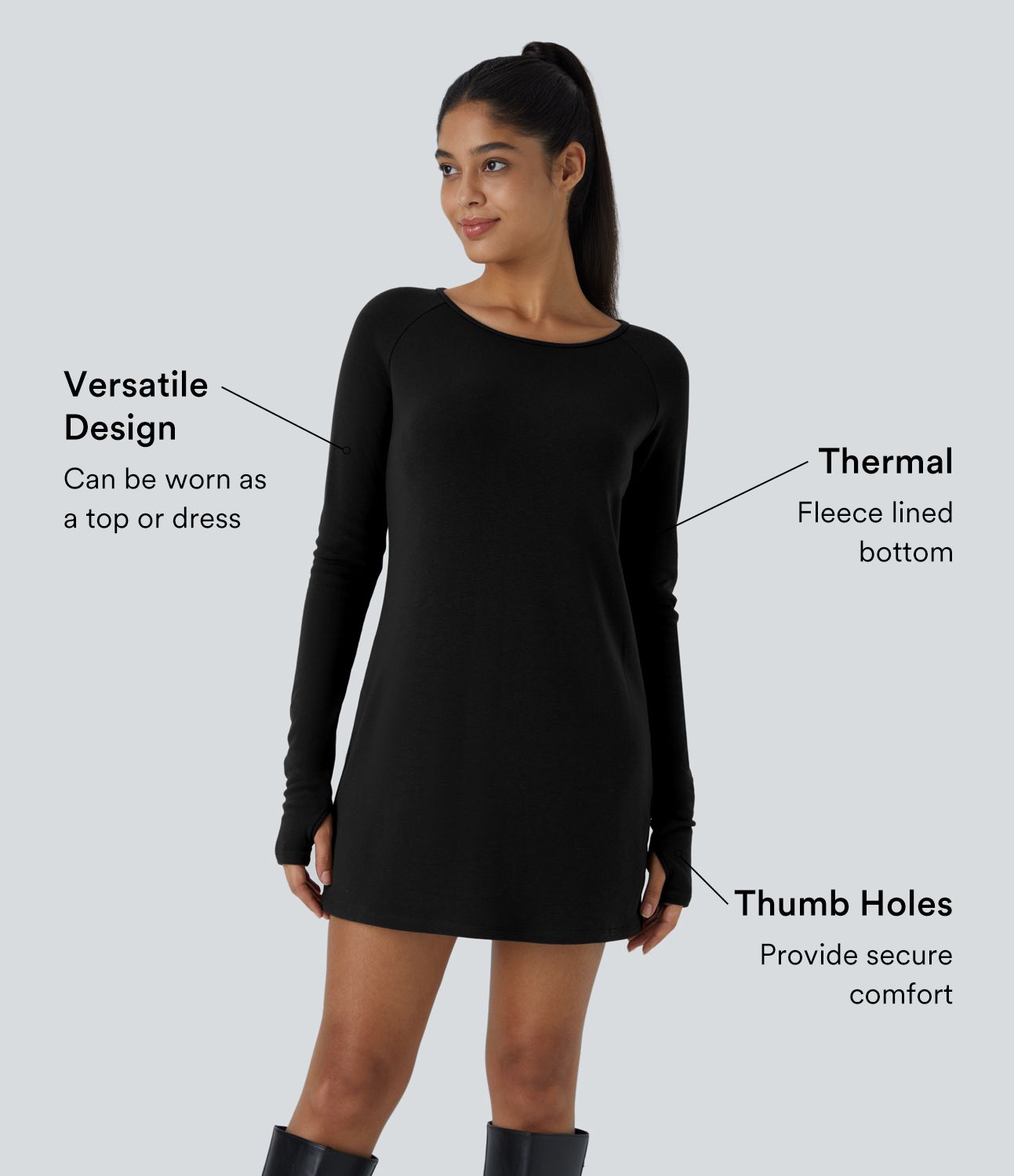 Raglan Long Sleeve Thumb Hole Thermal Mini Casual Dress