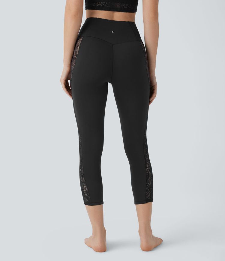 Softlyzero™ High Waisted Crossover Contrast Lace Capri Yoga Leggings-UPF50+