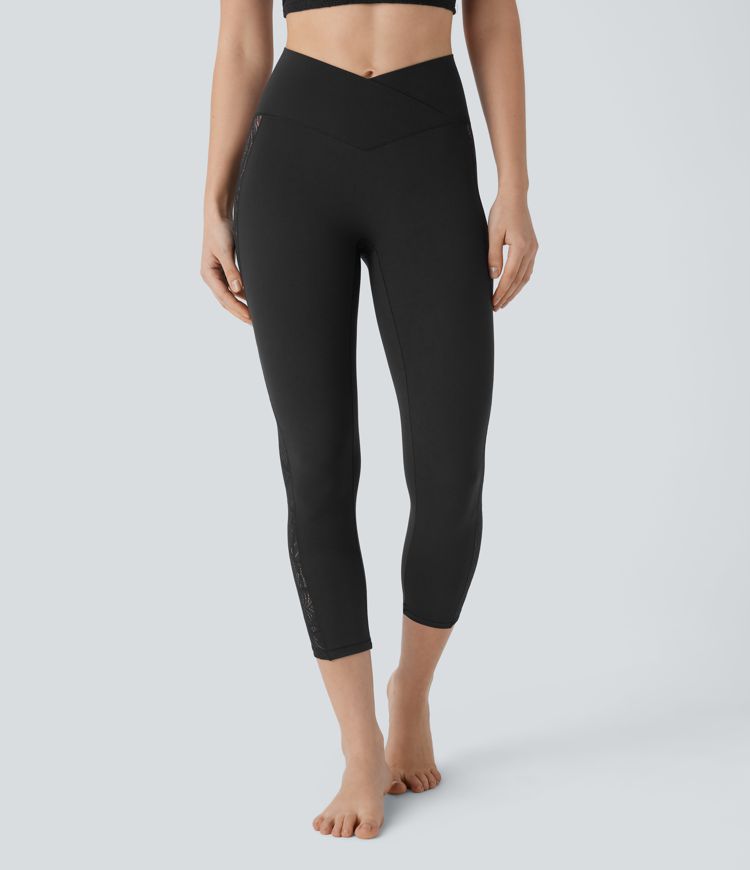 Softlyzero™ High Waisted Crossover Contrast Lace Capri Yoga Leggings-UPF50+