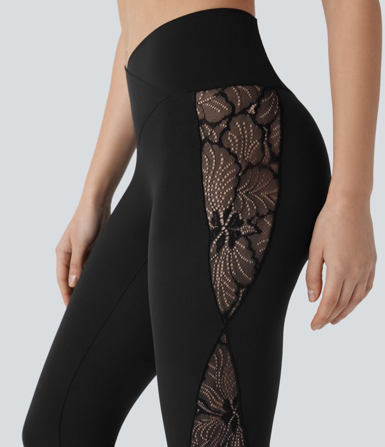 SoftlyZero™ High Waisted Crossover Contrast Lace Capri Yoga Leggings-UPF50+