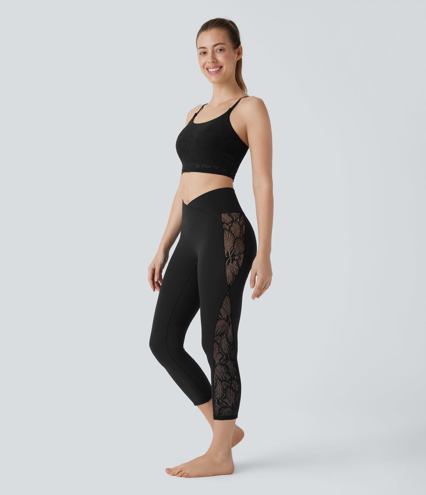 Legging corsaire de yoga taille haute croisé avec dentelle contrastée - Protection UPF50+