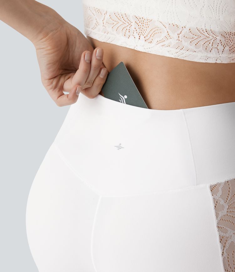 SoftlyZero™ High Waisted Crossover Contrast Lace Capri Yoga Leggings-UPF50+