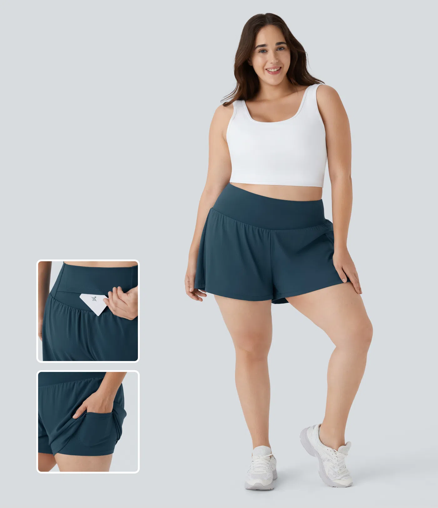 Super High Waisted Pocket & Pocket 2-in-1 Yoga Plus Size Shorts 4''-Longer Length