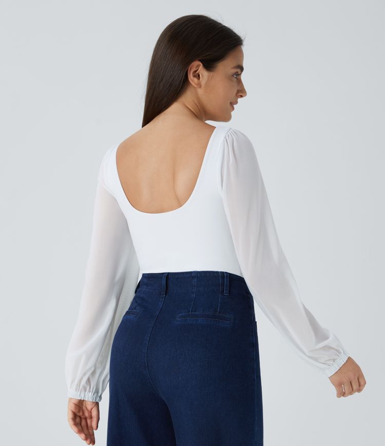 SoftlyZero™ Airy Sweetheart Neck Contrast Mesh Bishop Sleeve Cool Touch Casual Bodysuit-UPF50+