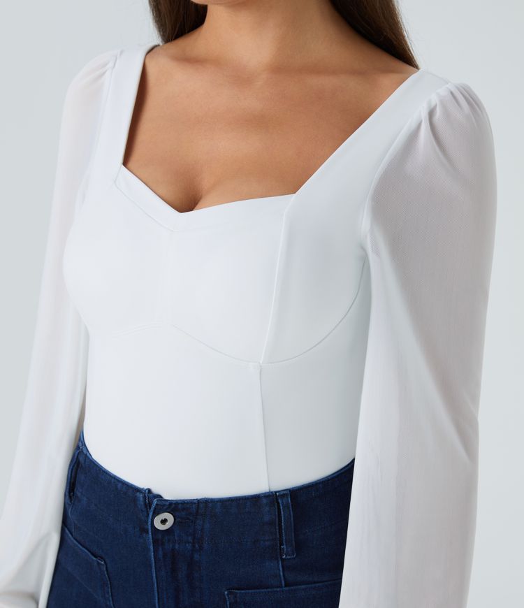 SoftlyZero™ Airy Sweetheart Neck Contrast Mesh Bishop Sleeve Cool Touch Casual Bodysuit-UPF50+