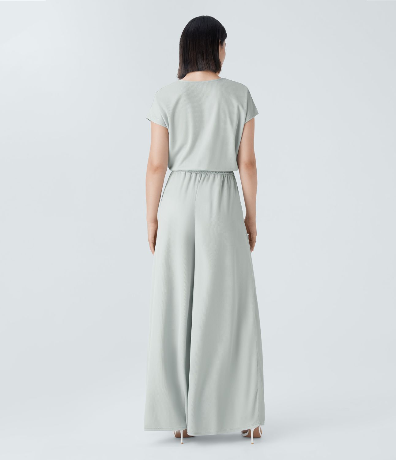 V Neck Short Sleeve Side Pocket Wide Leg Flowy Waffle Casual Jumpsuit