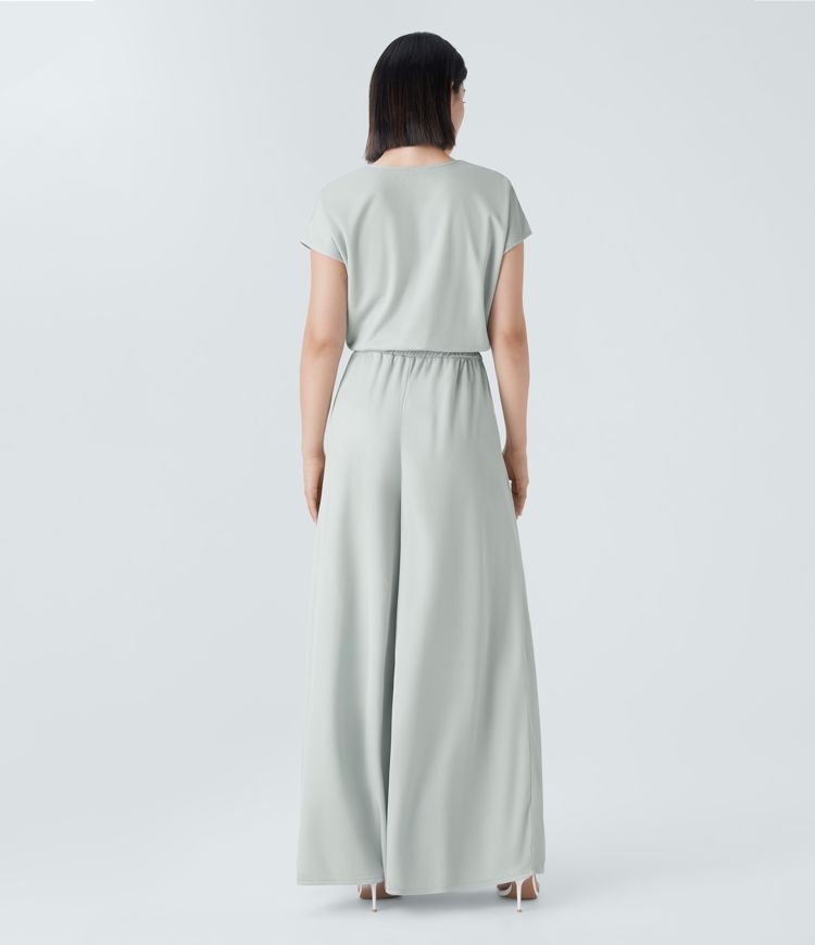 V Neck Short Sleeve Side Pocket Wide Leg Flowy Waffle Casual Jumpsuit