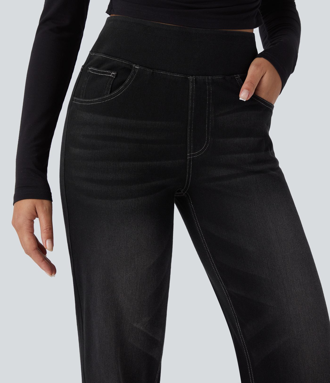 Relaxed fit High-waisted Halara Flex™ jeans, stretchy, faded, straight legs with multiple pockets