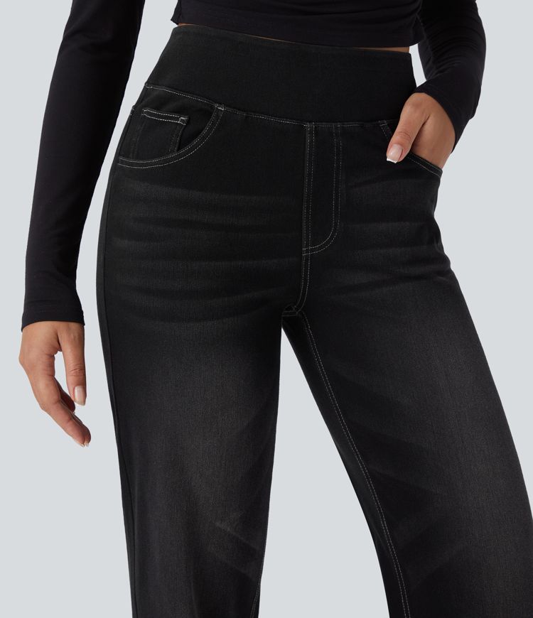 Relaxed fit High-waisted Halara Flex™ jeans, stretchy, faded, straight legs with multiple pockets