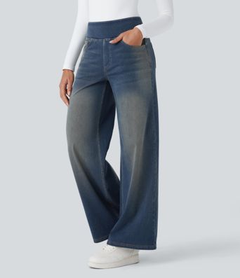 Halara Flex™ High Waisted Pockets Baggy Wide Leg Washed Casual Jeans