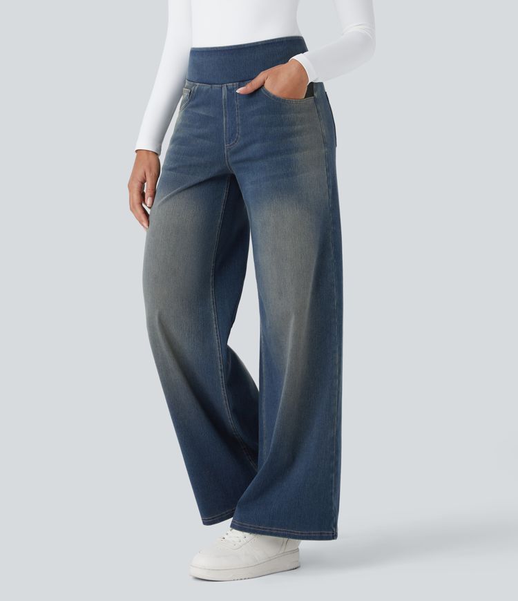 Halara Flex™ High Waisted Pockets Baggy Wide Leg Washed Casual Jeans