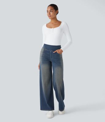 Halara Flex™ High Waisted Pockets Baggy Wide Leg Washed Casual Jeans