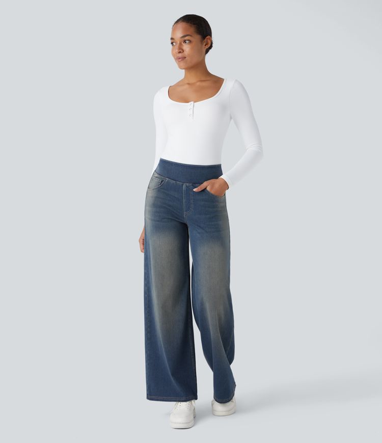 Halara Flex™ High Waisted Pockets Baggy Wide Leg Washed Casual Jeans