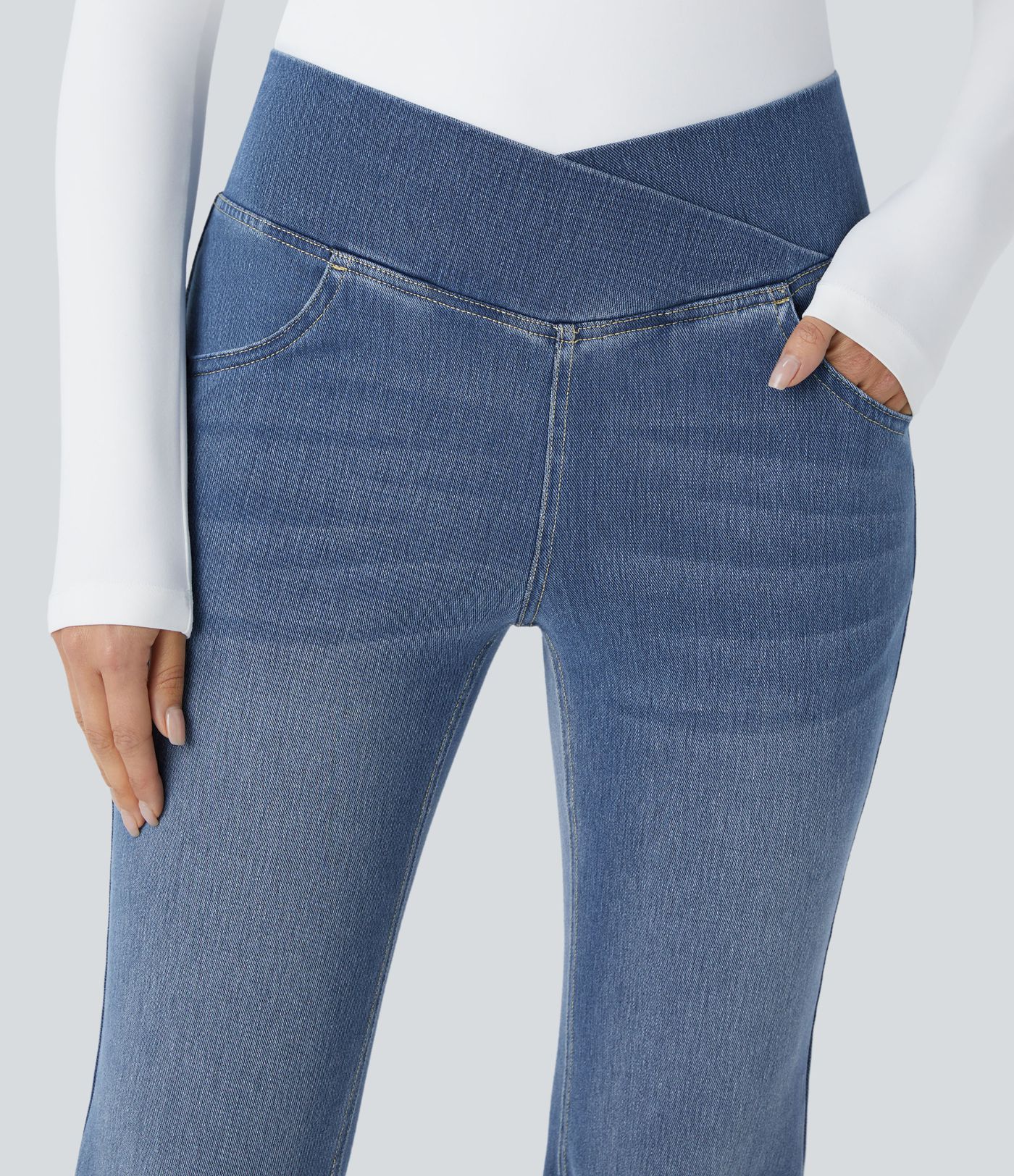 Halara Flex™ High Waisted Crossover Pocket Washed Casual Flared Jeans