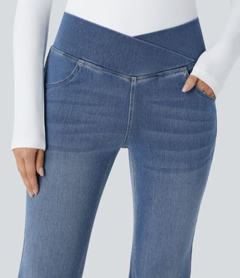 Halara Flex™ High Waisted Crossover Pocket Washed Casual Flared Jeans