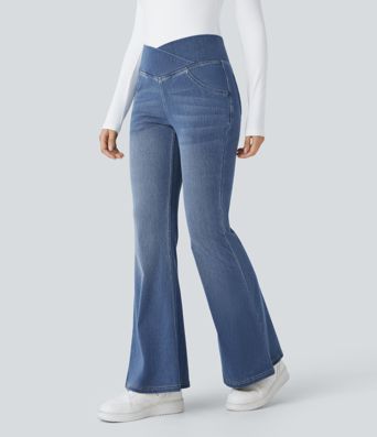 Halara Flex™ High Waisted Crossover Pocket Washed Casual Flared Jeans