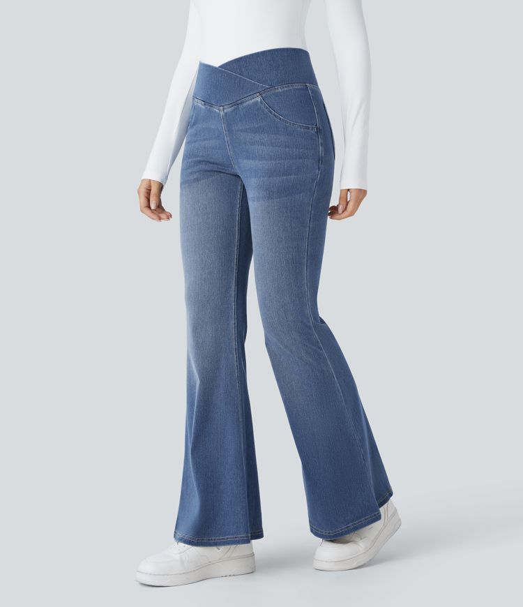 Halara Flex™ High Waisted Crossover Pocket Washed Casual Flared Jeans
