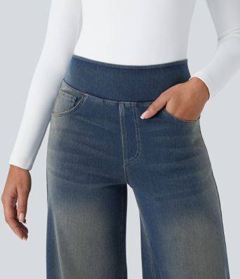 Halara Flex™ High Waisted Pockets Baggy Wide Leg Washed Casual Jeans