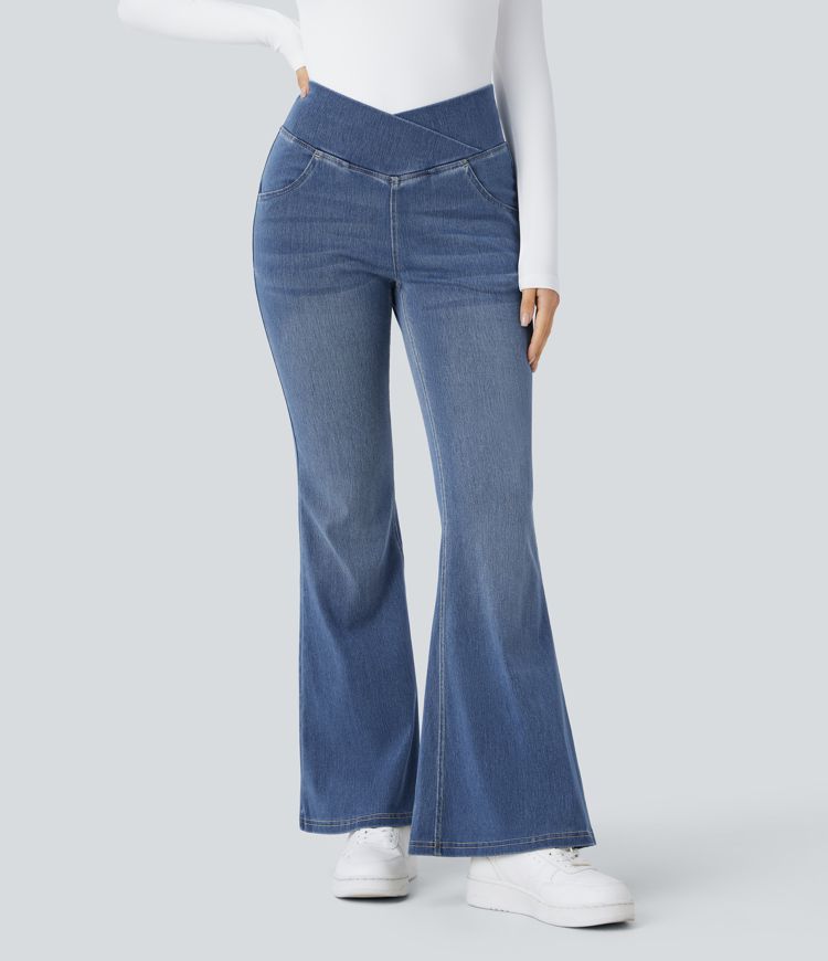 Halara Flex™ High Waisted Crossover Pocket Washed Casual Flared Jeans