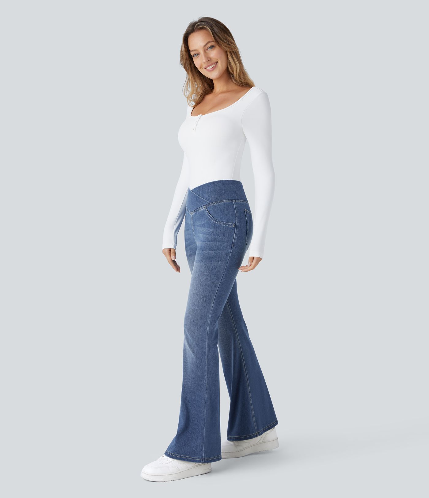 Halara Flex™ High Waisted Crossover Pocket Washed Casual Flared Jeans