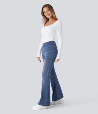 Halara Flex™ High Waisted Crossover Pocket Washed Casual Flared Jeans