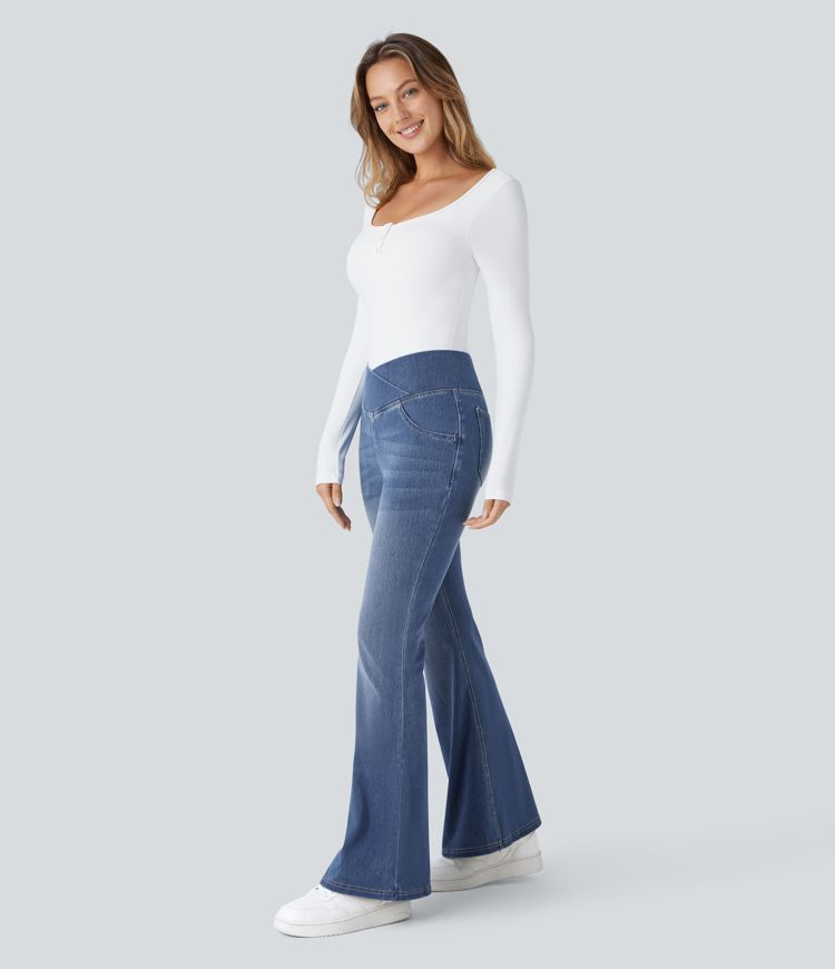 Halara Flex™ High Waisted Crossover Pocket Washed Casual Flared Jeans