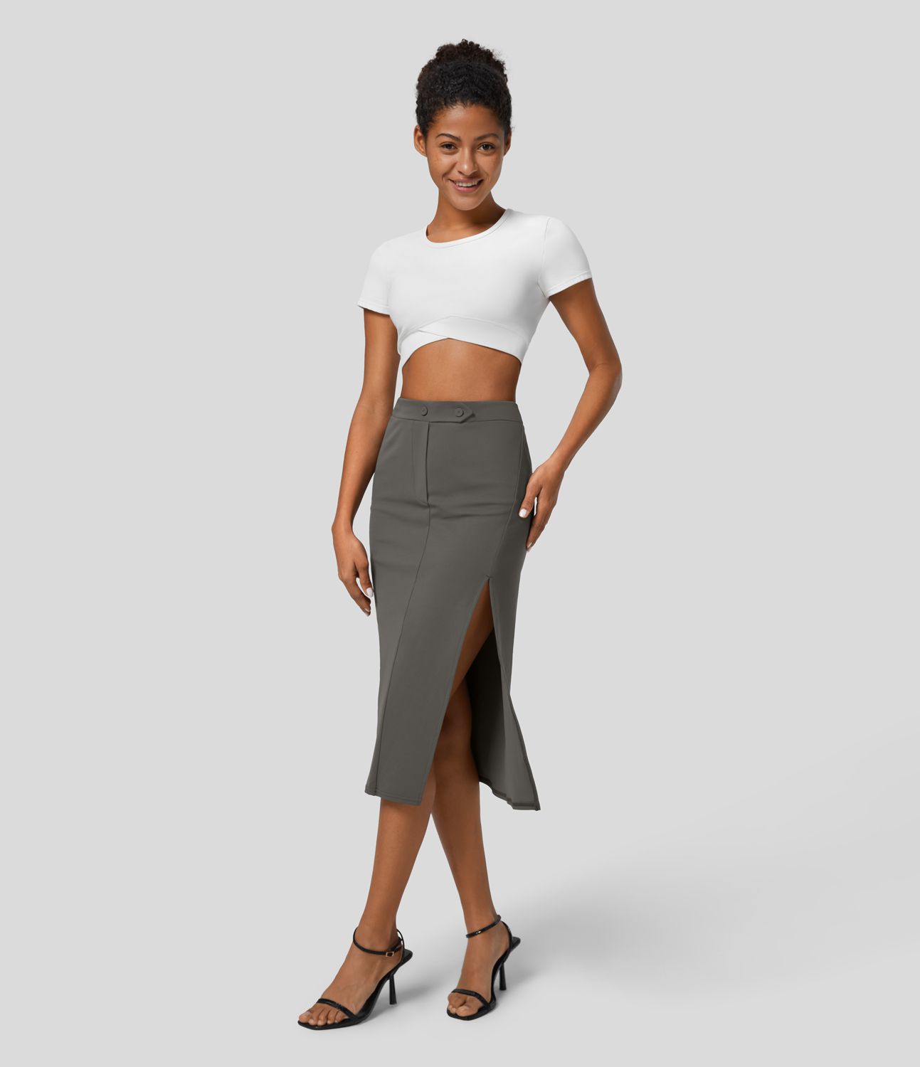 High waist decorative button split midi workwear skirt