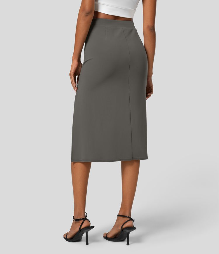 High waist decorative button split midi workwear skirt