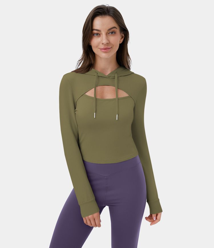 Hooded Drawstring Cut Out Casual Hoodie Sweatshirt