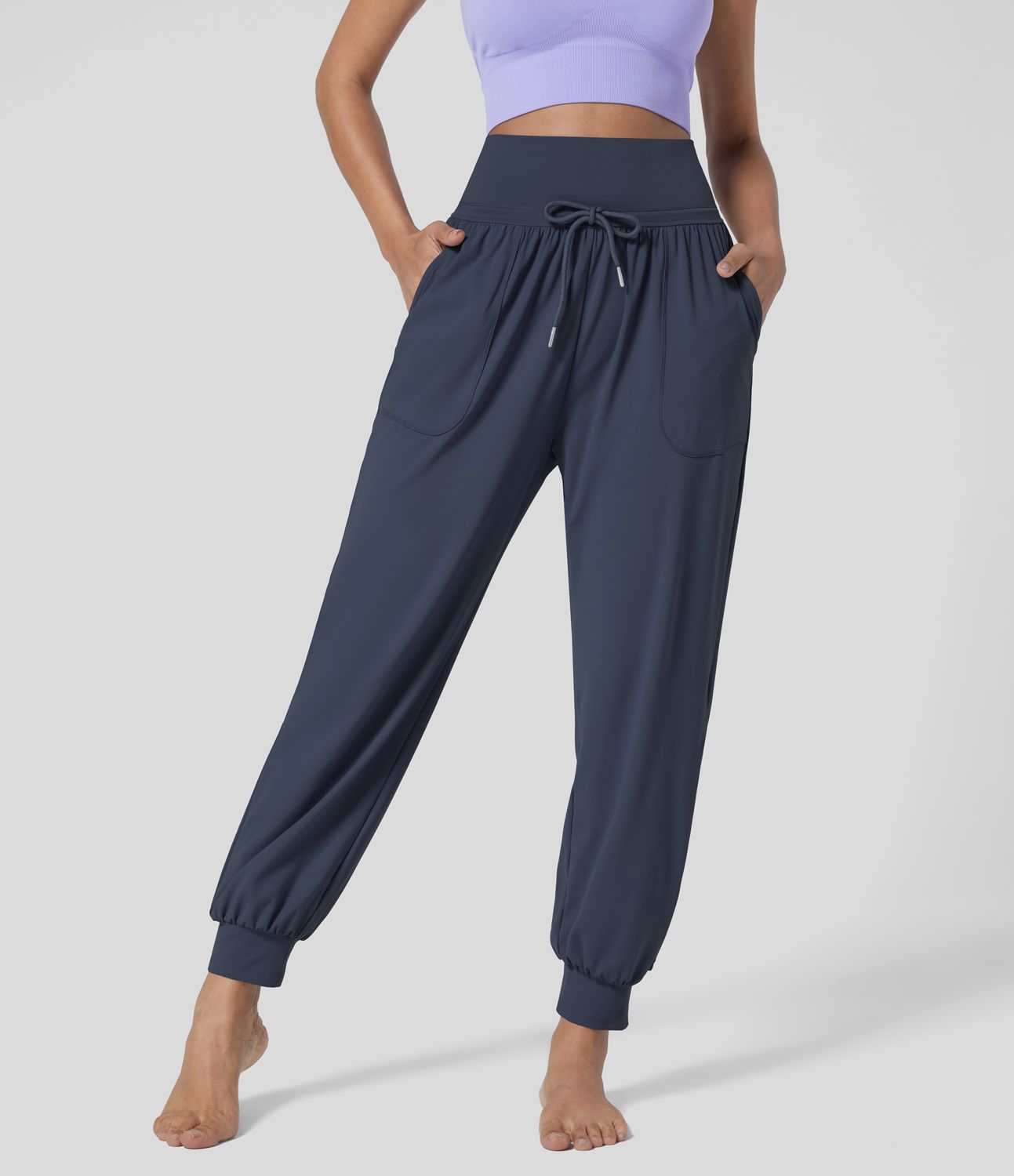 Joggers casuales con cordón de alta cintura plisados con bolsillo lateral y longitud de tobillo